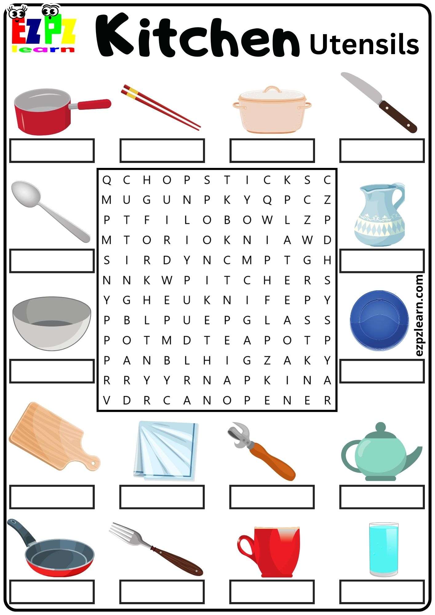 Kitchen Utensils Vocabulary Word Search and Write the Words Activity